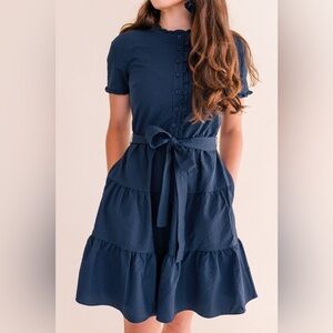 Gal Meets Glam Navy Gingham Tiered Fit Flare Dress Belted Short Sleeve Size 8